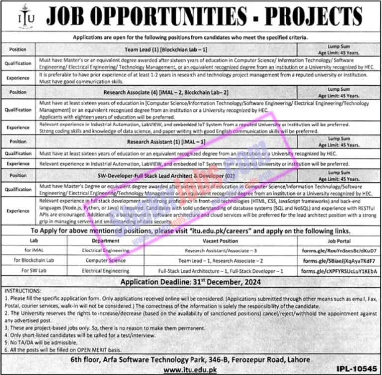 New Govt Jobs in Information Technology University ITU 2024
